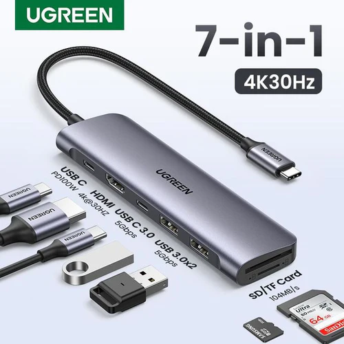 UGREEN 7 in 1 Multifunction Adapter, USB-C To USB 3.0 A ( 2 port) + USB-C + 4K HDMI + SD & TF Card reader +PD Converter
