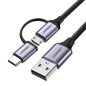 UGREEN USB-A to Micro USB + USB Type-C Cable 1m (Black)